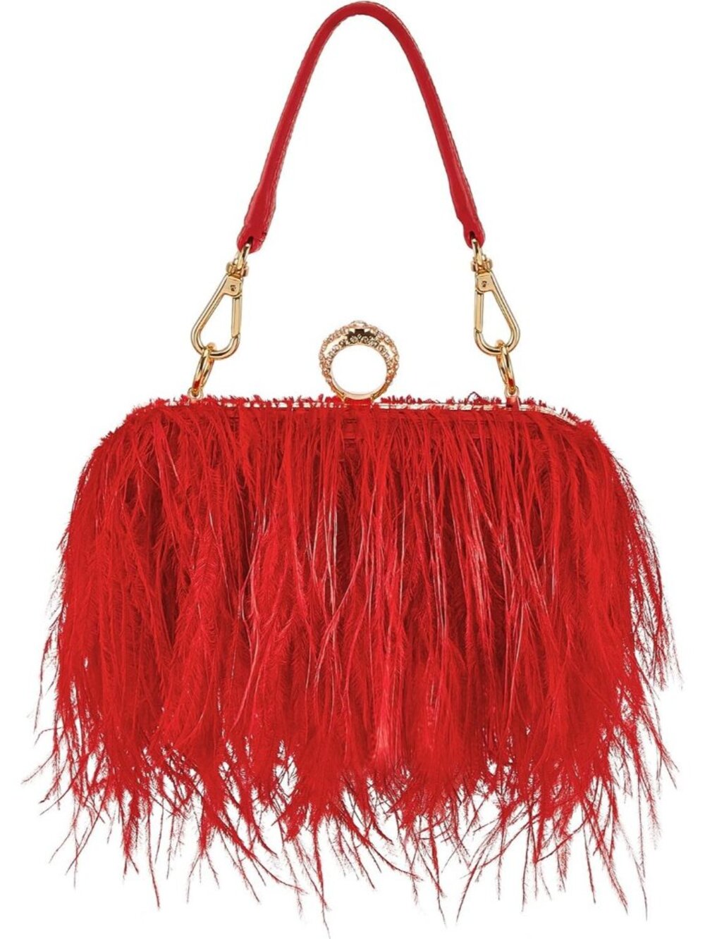 Women's Red Feather Purse Fluffy Ostrich Clasp Cocktail Evening Handbag